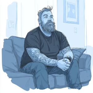Hey, check out this dude with a beard and tattoos. He's sitting...