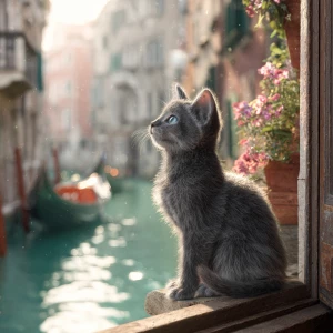 A charming grey kitten with vivid blue eyes perched on a wooden...