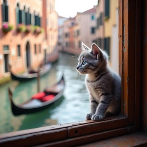 A charming grey kitten with vivid blue eyes perched on a wooden...