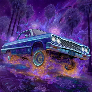 A classic lowrider truck bouncing on hydraulics, its candy paint...