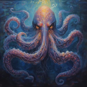 A shimmering, bioluminescent tentacled titan emerges from the de...