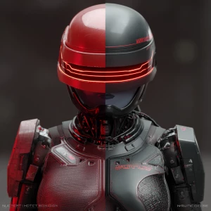 Smurfette "RoboCop-style armor" + "horizontal red LED visor":