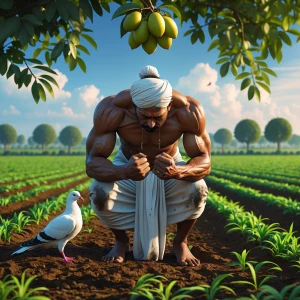 A heartbroken Indian farmer kneeling on the soil in the middle o...