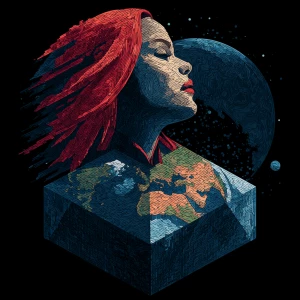 Generate an image of a stunning alien woman with red hair positi...