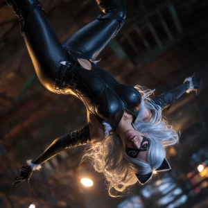 Felicia Hardy, Black Cat, performing a dramatic inverted acrobat...