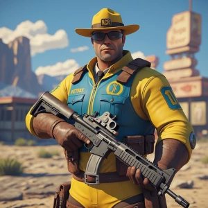 Put a NCR Veteran Ranger from Fallout New Vegas holding a rifle