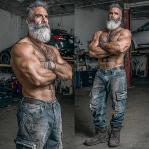 Two 30 year old bodybuilder’s with big arms, big chest very hair...