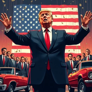 a charismatic man in a sharp suit giving a chaotic presidential...