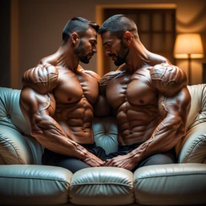 Two muscular men with well-defined physiques share a tender and...