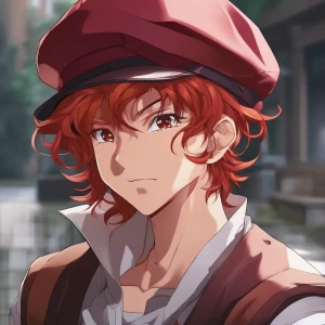 red haired boy with spiral curls, he have his hair in long ponyt...