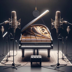 Fazioli grand piano model F183 in recording studio room, half op...