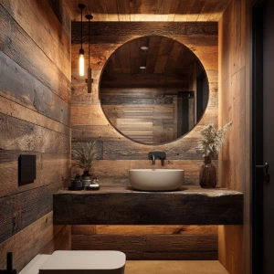 Design a small bathroom with wooden walls and ceiling, matte bla...