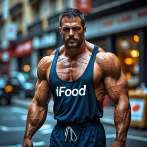 Cria uma imagem de um entregador de ifood corpo monstruosamente...