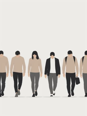 Create a minimalist illustration featuring a group of faceless i...