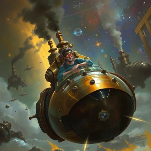 A daring captain navigates a steam-powered spaceship through a g...