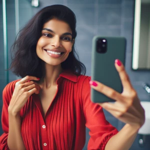 woman taking a selfie with her cell phone in a bathroom mirror w...