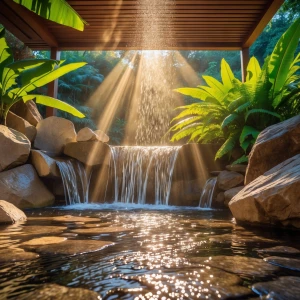 You find yourself in the Waterfall Veil Room, a serene outdoor h...