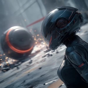 rain-slick pavement lies a mysterious spherical device, spinning...