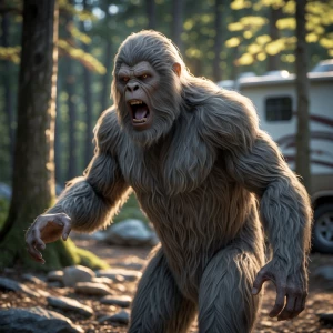 A humanoid looking hair covered sasquatch screaming at a camper...