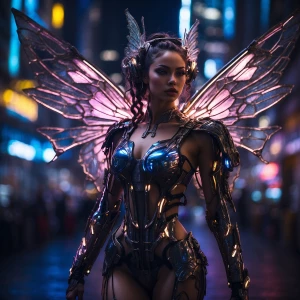 A cyberpunk retro-futuristic fairy emerges from the shadowy dept...