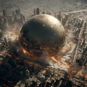 A massive, futuristic metallic sphere descends at hypersonic spe...