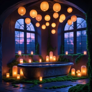 Create an immersive scene in a unique "Twilight Lantern Bath" se...