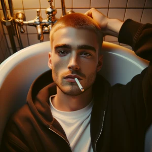 young man lying in a white bathtub, fully clothed, smoking a cig...