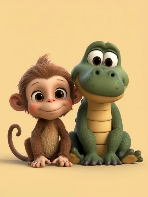 cute cartoon monkey and crocodile, small brown monkey with big r...