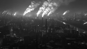 A wide panoramic view of an early 1900s industrial cityscape rep...