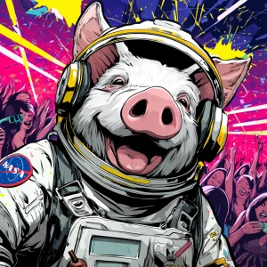 Cute cartoon pig in vintage white spacesuit and NASA style helme...