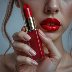 Close-up of female hand holding a red lipstick, realistic high-q...