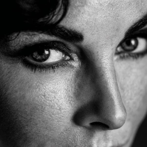 Ultra realistic big close-up portrait of Elizabeth Taylor, black...