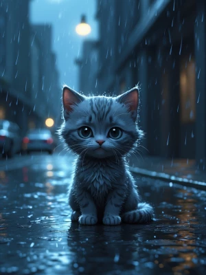 A small grey kitten sitting alone in the rain, on a wet street,...