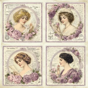 Victorian Mauve Rose Cameos – 4 Medallion Cards (Antique Portrai...