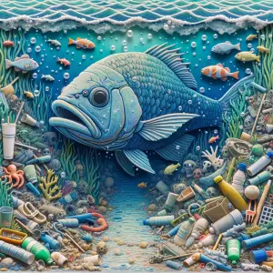 A fish in a polluted sea, dying from the garbage that is there