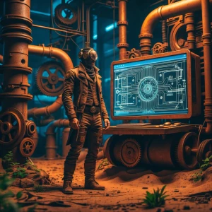 A steam-powered digital nomad stands at the edge of a dusty stil...