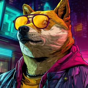 Character DOGE in GTA art style,  , gta style illustration, neon...