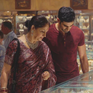 Hyperrealism,oil painting.a  mature gujarati mother in law in he...