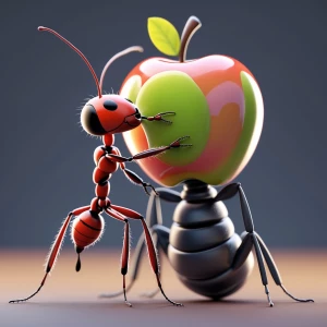 An ant play with apple inn3d