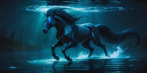 A stunningly haunting kelpie rises from the depths of a dark, mu...