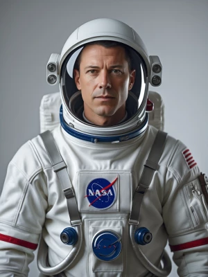 A realistic portrait of an astronaut wearing a detailed NASA spa...