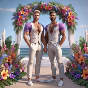 Two muscular men standing together on a sunlit tropical beach, p...