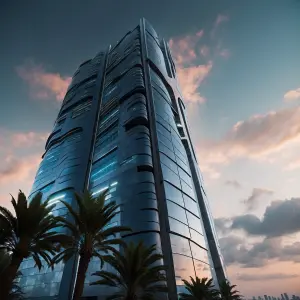 a futuristic skyscrapper tha can be built by the ocean and the d...
