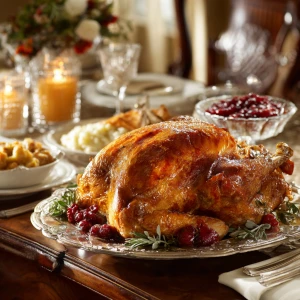 Imagine a festive Thanksgiving scene with a beautifully set tabl...