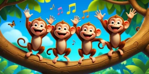 Four cute baby monkeys jumping happily on a thick tree branch, a...