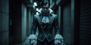 In the dimly lit alley stood a rococo-inspired shadowy digital n...