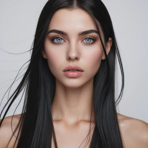 The image features a young woman with striking features. Her hai...