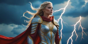 An ethereal valkyrie, resplendent in shimmering armor adorned wi...