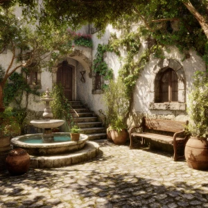 Create an image of a serene stone courtyard adorned with lush cl...