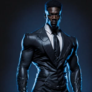 Wide angle perspective camera shot of a muscular, Black man with...